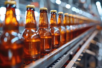 Beer bottles moving on conveyor belt