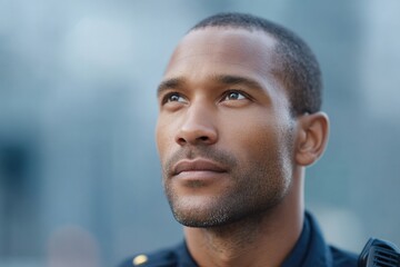 Fototapeta premium police officer posing on urban street with blurred background creating depth and inviting intrigue