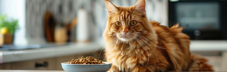 Fluffy Ginger Cat in Modern Kitchen Sitting Near Food Bowl with Sunlight Filtering Through Window