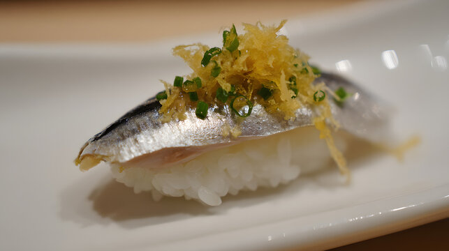Delicious Shimesaba Nigiri with Marinated Mackerel Over Vinegared Rice on Elegant White Plate