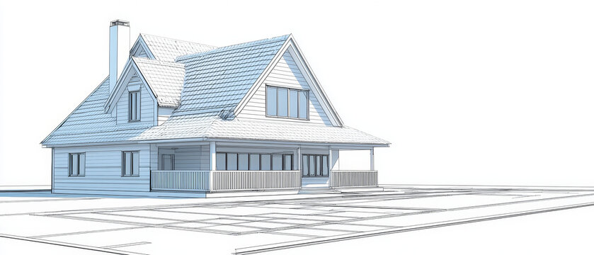 Architectural rendering:  Two-story house design, covered porch, detailed blueprint