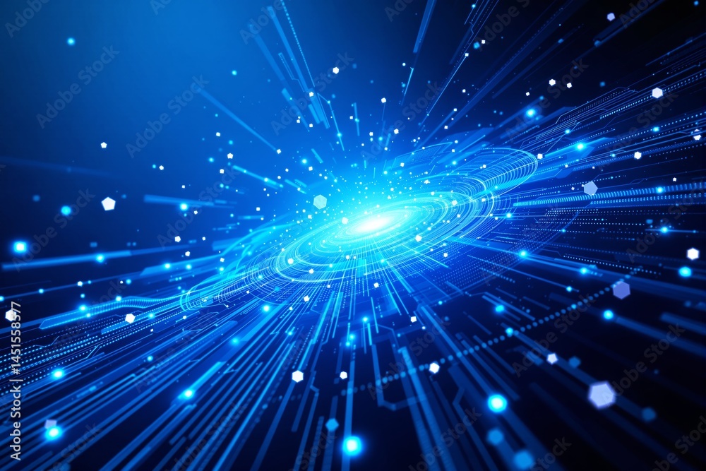 Poster futuristic digital light explosion with abstract blue glowing lines and particles.