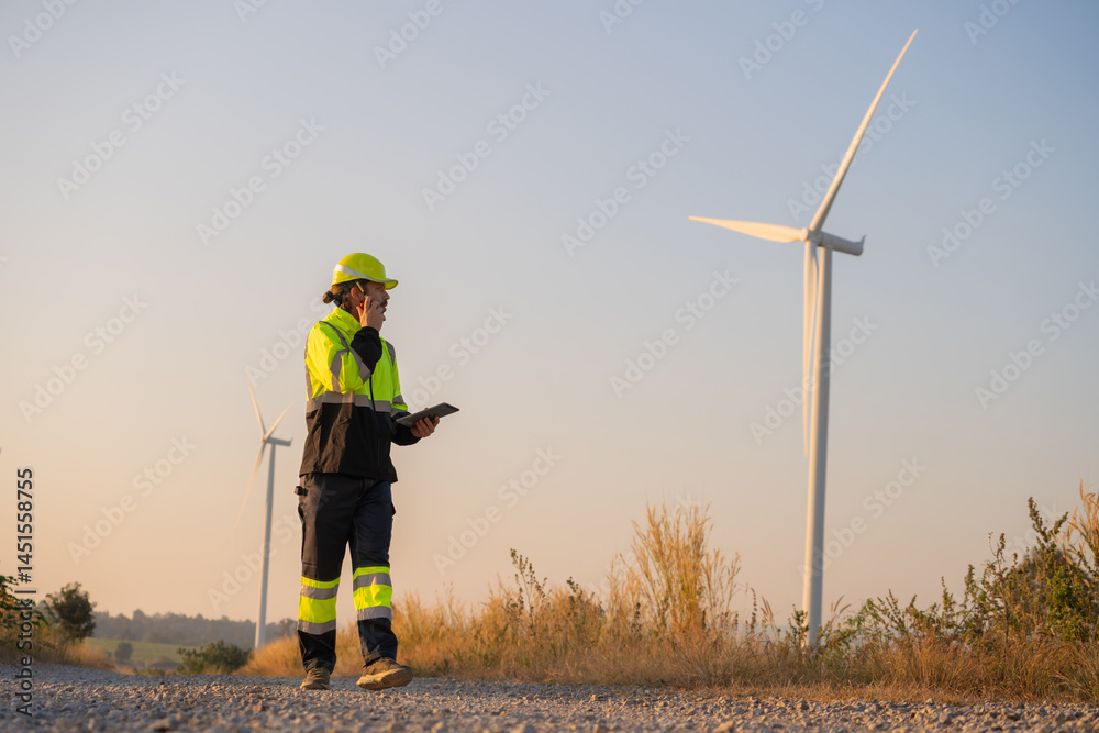 Poster engineer man working with tablet at windmill farm generating electricity clean energy. wind turbine 