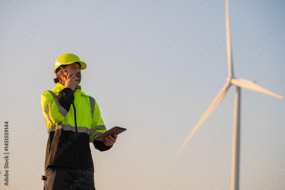 Poster engineer man working with tablet at windmill farm generating electricity clean energy. wind turbine 