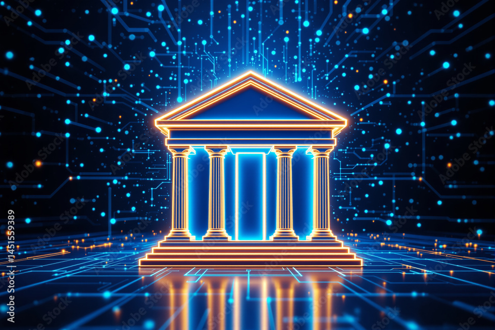 Aufkleber glowing digital bank building with neon lines on futuristic circuit background.