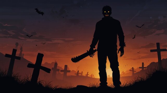 A shadowy figure stands with a weapon in a graveyard at sunset, surrounded by crosses and bats flying