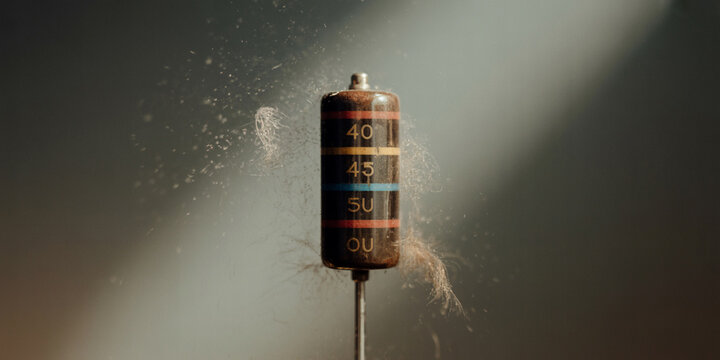 Closeup of Vintage Electronic Component with Dust Particles Floating Around