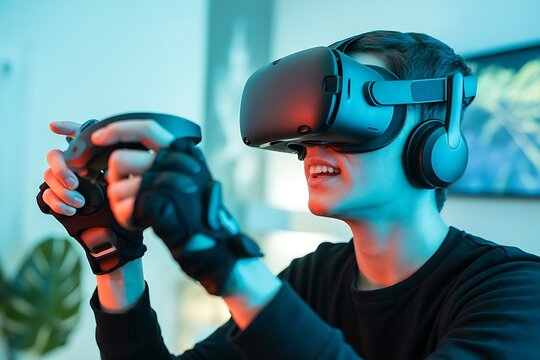 Young man enjoying immersive VR gaming experience using headset and controllers