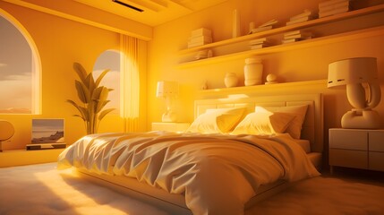Yellow cozy 3D bedroom with soft lighting, plush bedding, and minimalist decor