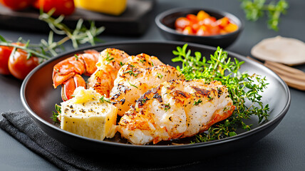 Grilled seafood dish featuring succulent shrimp and lobster, garnished with fresh herbs and butter, evoking delightful