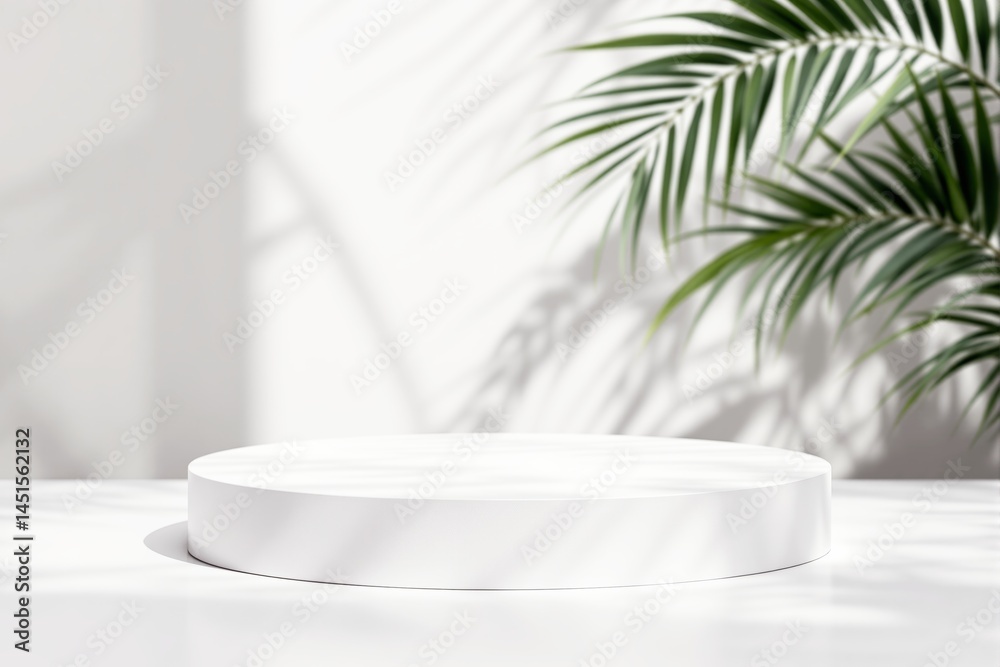 Aufkleber white round podium on a clean surface with tropical palm shadows in soft sunlight.