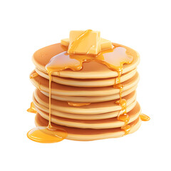 A stack of delicious pancakes is topped with melting butter and drizzled with golden syrup creating a mouthwate breakfast illustration on a white background.