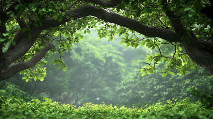 Fototapeta premium Lush green foliage frames serene view of misty forest, creating tranquil and peaceful atmosphere