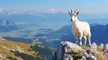 majestic white goat stands rocky outcrop, overlooking breathtaking mountain landscape with lush valleys and distant peaks