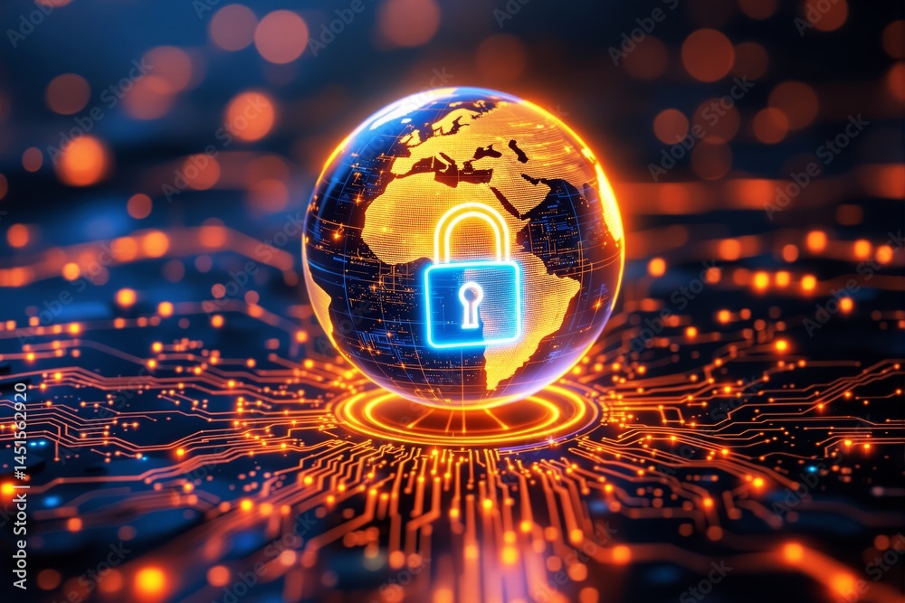 Poster Digital globe with cybersecurity lock on futuristic circuit background.
