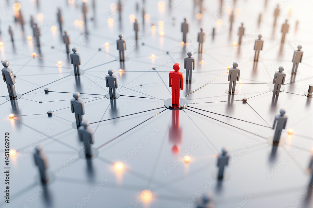 Poster business network concept with interconnected figures on a reflective surface. central red figure sym