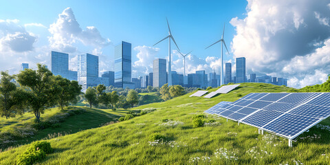 Sustainable Energy Landscape with Solar Panels and Wind Turbines Under Clear Blue Sky
