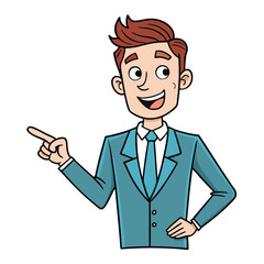Business man pointing finger at something. Happy face. Hand drawn style vector design illustrations. 