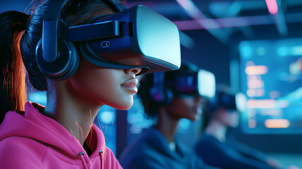 Immersive virtual reality experience with users wearing headsets, engaged in gaming and technology