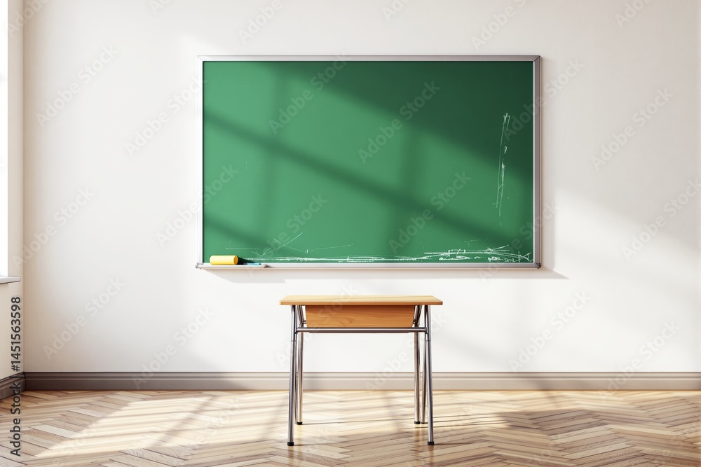 Poster empty classroom with green chalkboard and single desk in sunlight.