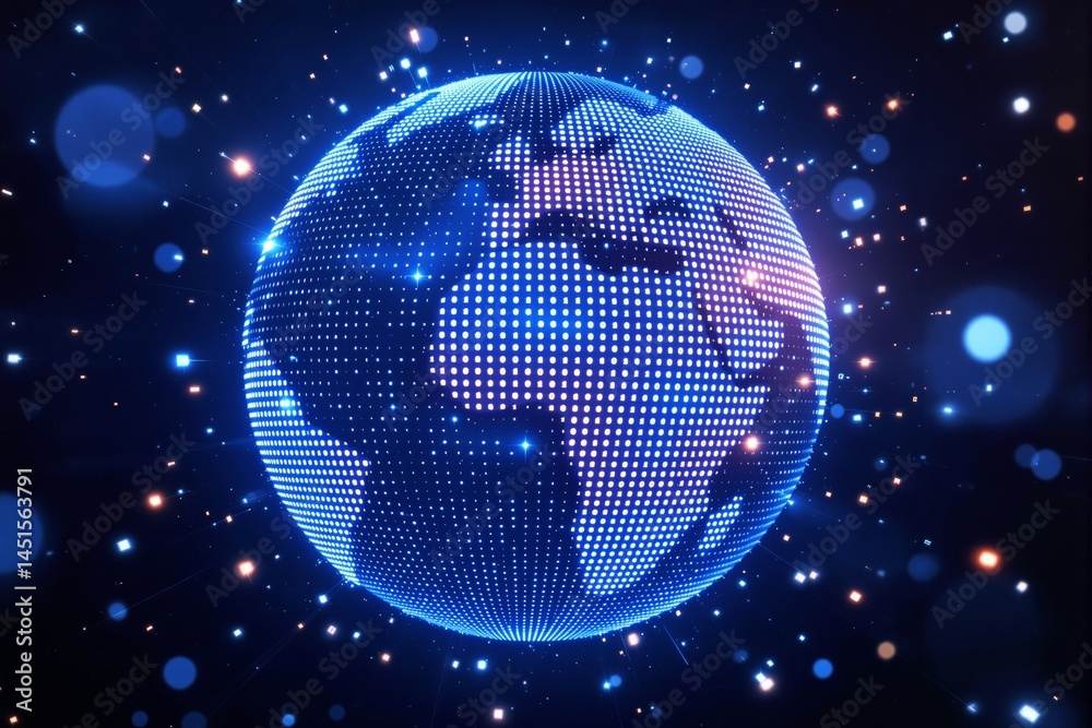 Poster digital globe with glowing dots on dark background.