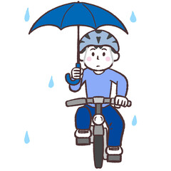 傘をさして自転車に乗る男性正面イラスト