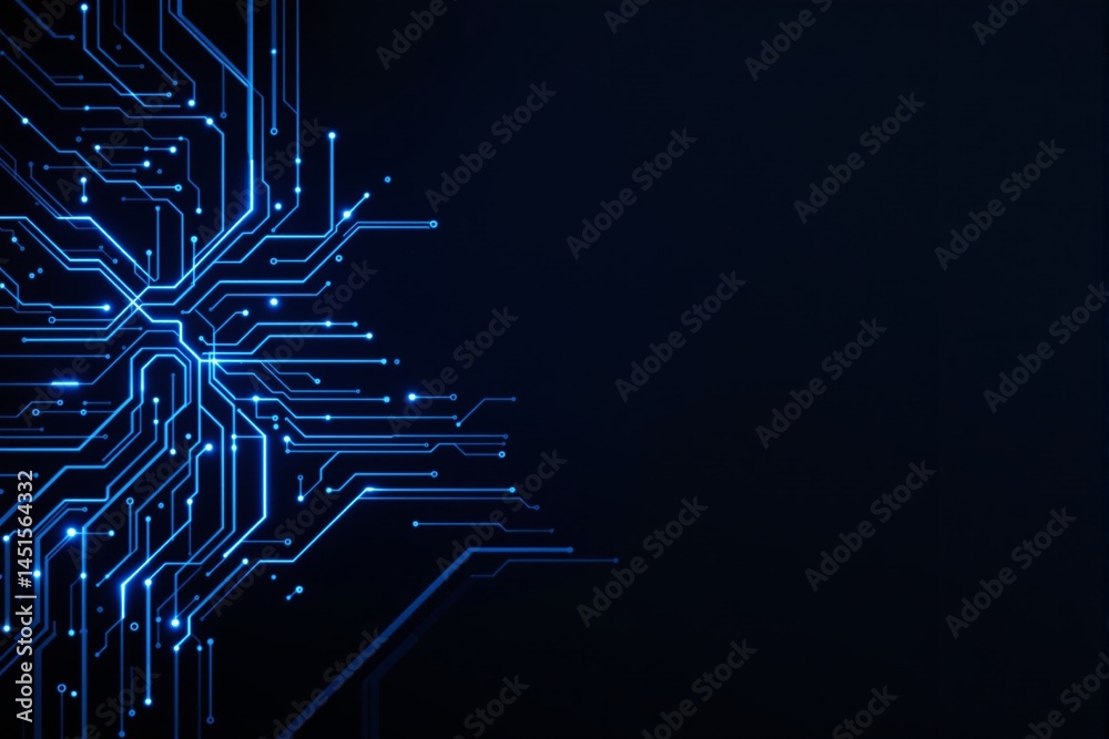 Poster futuristic glowing circuit board background with blue neon light on dark digital backdrop. concept o