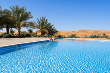 Obraz premium serene swimming pool surrounded by palm trees and desert dunes, offering tranquil escape in sunny environment