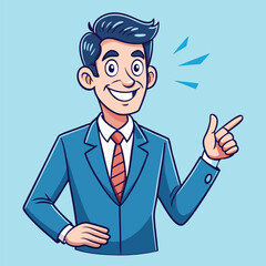 Business man pointing finger at something. Happy face. Hand drawn style vector design illustrations. 