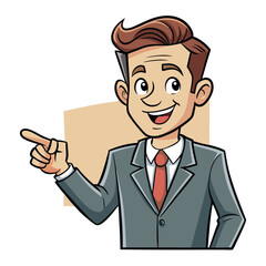 Business man pointing finger at something. Happy face. Hand drawn style vector design illustrations. 