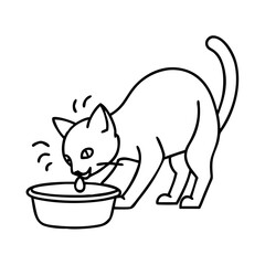 cat drinking from water bowl icon, cat drinking from water bowl line art - simple line art of cat drinking from water bowl, perfect for cat drinking from water bowl logos and icons