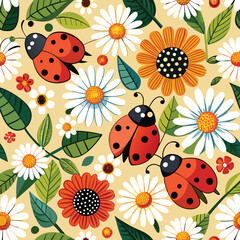 seamless pattern with ladybirds and flowers