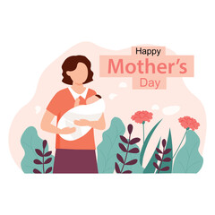 Vector illustration of mother's day. Mother holding baby in arms. Mother hugging her son. Happy mother's day. Vector cartoon character.
