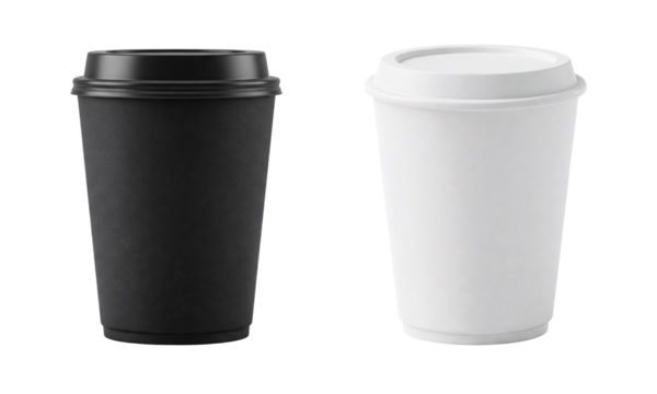 Takeaway Coffee Cup Mockup set PNG  – 3D Render of white and black Disposable Cup Isolated on Transparent Background