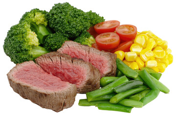 Sliced steak with broccoli, tomatoes, corn, and green beans  A balanced meal