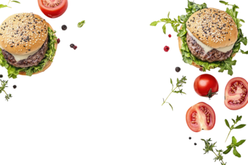 Two gourmet burgers with toppings
