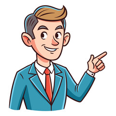Business man pointing finger at something. Happy face. Hand drawn style vector design illustrations. 
