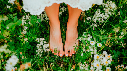  Relaxing spamoment. Green grass female legs. Female legs  and fresh flower.A person walking barefoot on grass, highlighting the sensory connection with earth.
