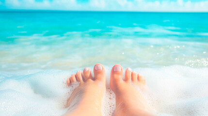 A woman's feet are in the sand on a beach. Health care, foot care, spa. Beautiful female legs surrounded by water drops and fresh.Female legs on the beach sand of the sea in summer on vacation.