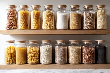 Wooden shelving displaying various pantry items in glass jars.