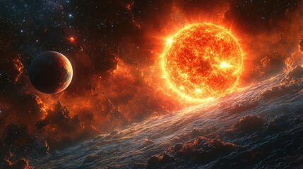 A captivating celestial scene depicting a vibrant sun illuminating the cosmos alongside a distant planet in a dramatic cosmic landscape