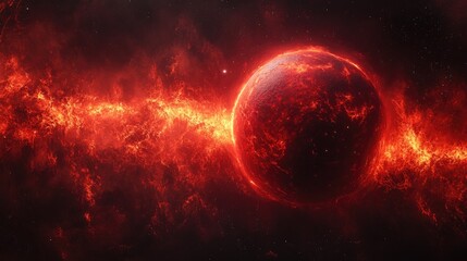 A vibrant and fiery planet surrounded by glowing cosmic gas and swirling nebula in a stunning deep space environment