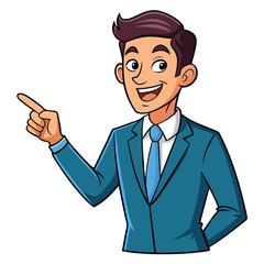 Business man pointing finger at something. Happy face. Hand drawn style vector design illustrations. 