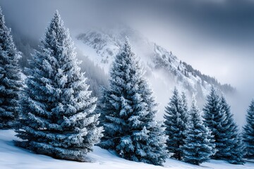 Naklejka premium Frosty pines against a winter mountain backdrop.