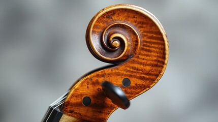 Intricate close-up of a violin scroll showcasing craftsmanship and beauty with a blurred gray background