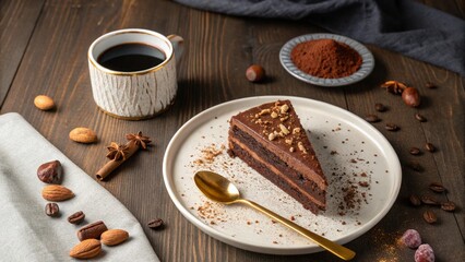 piece of delicious chocolate cake  on a Plate with cozy decoration