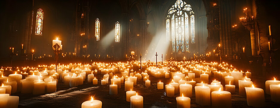 Cathedral candles vigil, sunlight