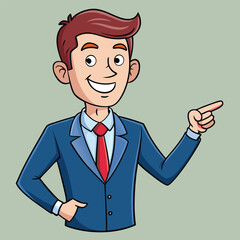 Business man pointing finger at something. Happy face. Hand drawn style vector design illustrations. 