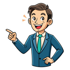 Business man pointing finger at something. Happy face. Hand drawn style vector design illustrations. 