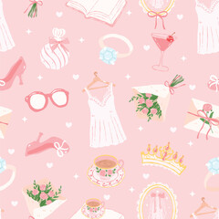 Bridal Shower Seamless Pattern, Cute Coquette Bachelorette Wedding Icons, Pink Dress Tea Ring Mirror Bow Cocktail Love Heart Digital Paper